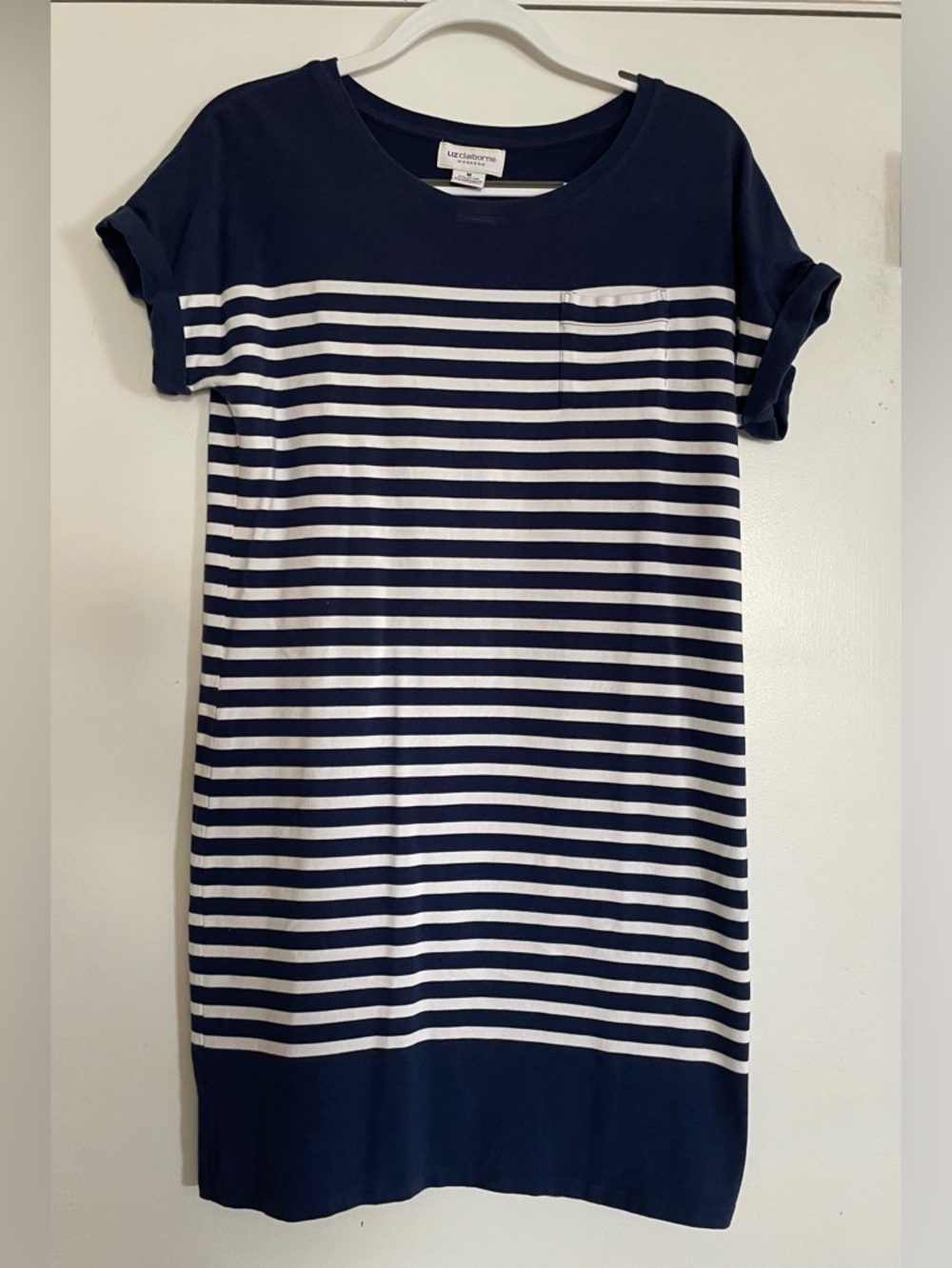 Women’s Liz Claiborne Navy Stripped Short Sleeve Pocket T-Shirt Dress Medium